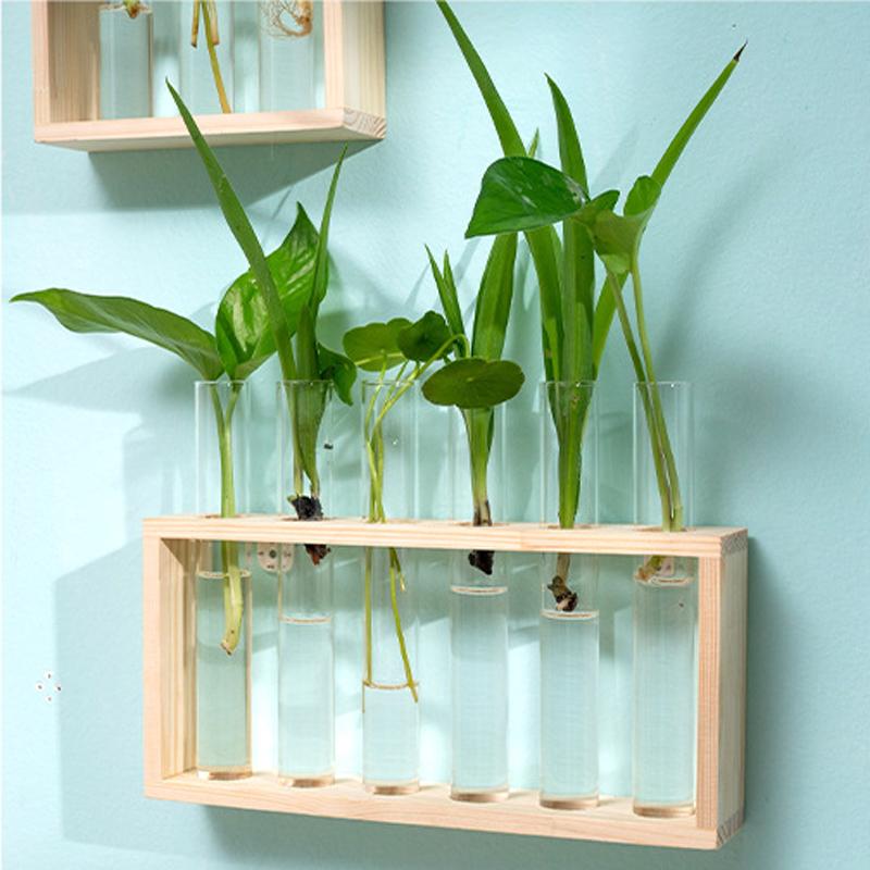 Small Fresh Hydroponic Green Vase Wooden Frame Vase Decorative Ornament Wall Mounted