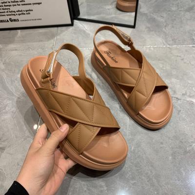 Простые однотонные женские сандалии с перекрестными пуговицами, летние женские тапочки на толстой подошве для отдыха на море