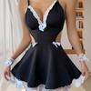 Women Sexy Lingerie Maid Uniform Lace V-Neck Sling Dress Hollow Out Lenceria Cosplay Anime Outfit Erotic Roleplay Costume