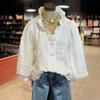 Европейский и американский женский повседневный праздничный топ с V-образным вырезом, оборками и пышными рукавами, с вышивкой