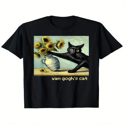 Sense of design-Van Gogh's Black Cat & Sunflowers Art T-Shirt - 100% Cotton 180gsm Regular Fit Unisex Tee, Black Round Neck