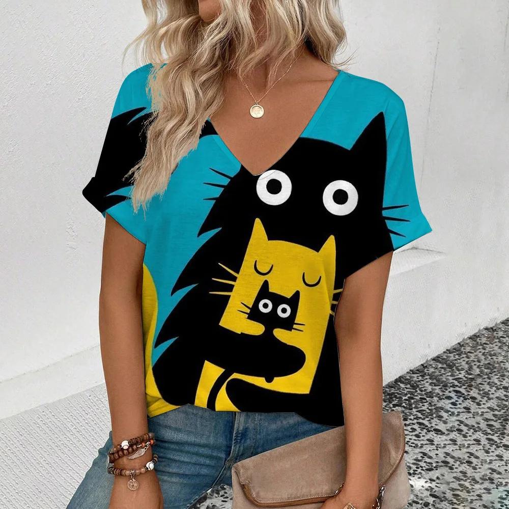 Женская ретро-футболка с рисунком аниме-кота, женская одежда для девочек, летняя футболка с коротким рукавом и V-образным вырезом, женская уличная одежда в стиле Харадзюку, свободная блузка