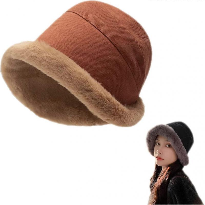 Velvet Thickened Fisherman Hat Women Winter Plush Bucket Hat Warm Solid Color Faux Fur Fisherman Cap (black)