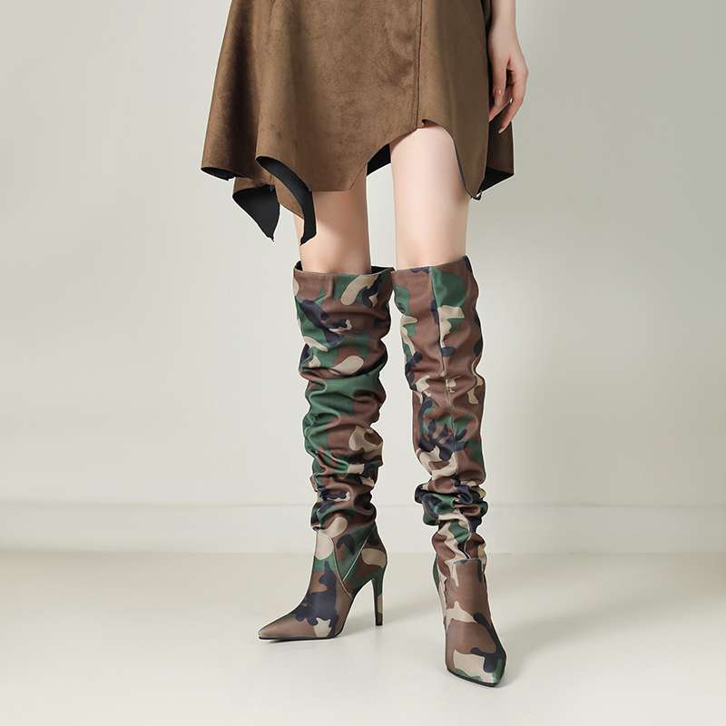 lenkisen Fabric Camouflage Pattern Autumn Winter Shoes Super Thin High Heels Pleated Boots European Keep Warm Over-the-knee Boots