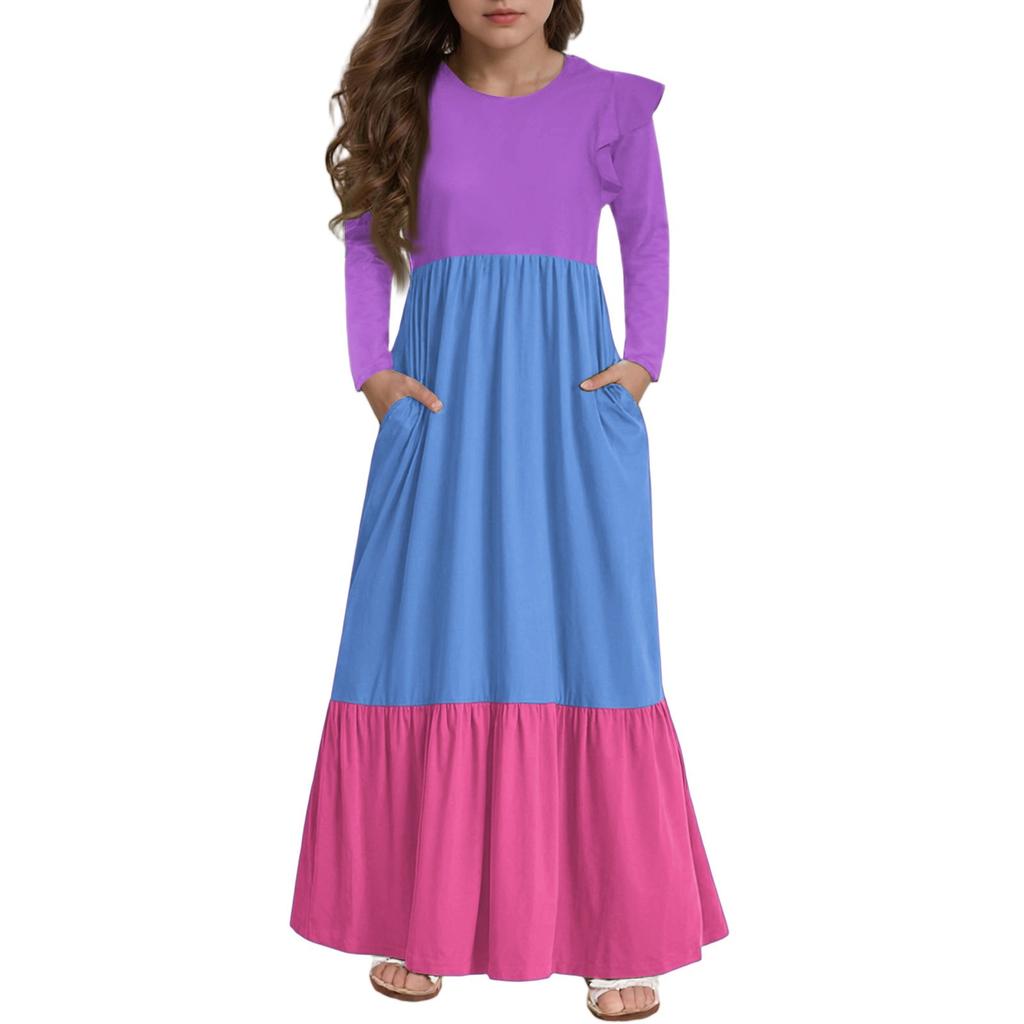 Girls' Tiered Ruffle Dress - Long Sleeve Printed Maxi With Pockets