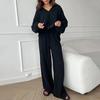Women's Casual Two Piece Set Loose Casual Long Sleeve Top Lace Up Pants Set Female Turndown Collar Lounge Outfit