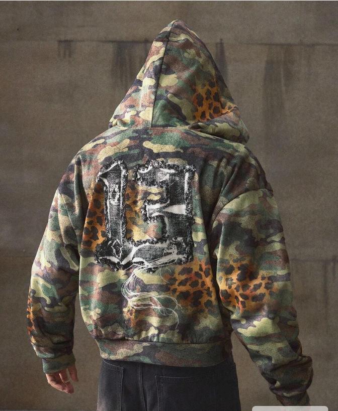 Hot Sale American Retro Camouflage Hooded Sweater, Street Letter 3D Printed Loose Zipper Sweater Top