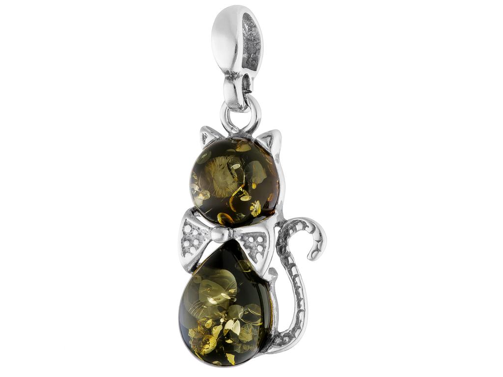 Short Silver Women' Cat Necklace with Green Amber Kitten Choker 38cm