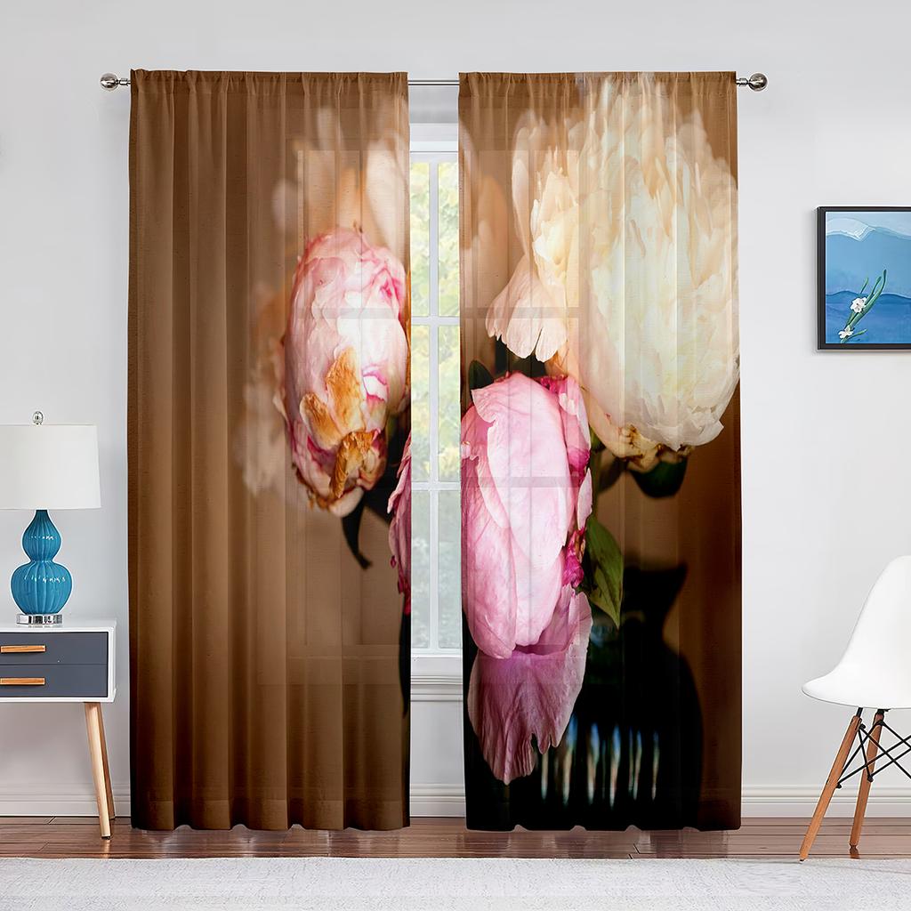 Розовый пион с цветочным принтом, весенние акварельные прозрачные шторы из вуали для гостиной, спальни, кухни, оконные шторы, шифоновые тюлевые шторы