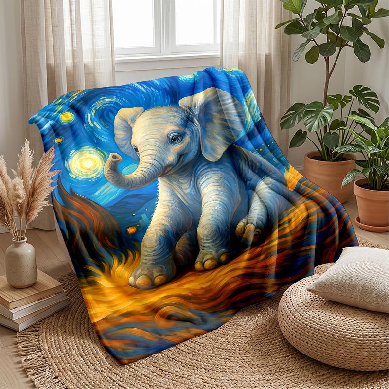 Elephant in Van Gogh Style Night Theme blanket Lightweight Warm Flannel Blanket Decorative Throw Blanket for Home Decoration
