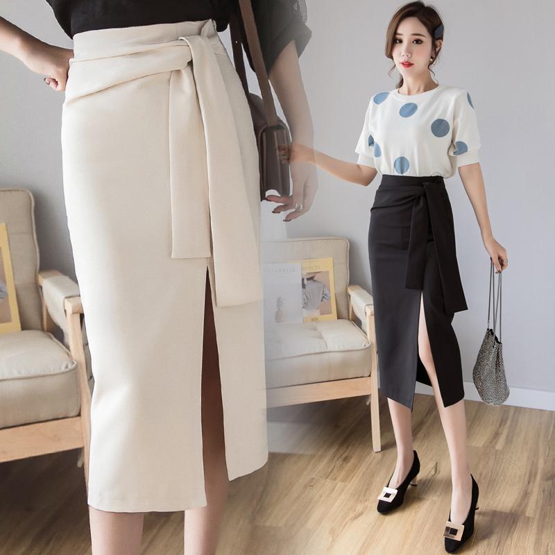 Летняя модная бандажная офисная юбка средней длины, тонкая сексуальная рабочая одежда с разрезом на один шаг, юбки