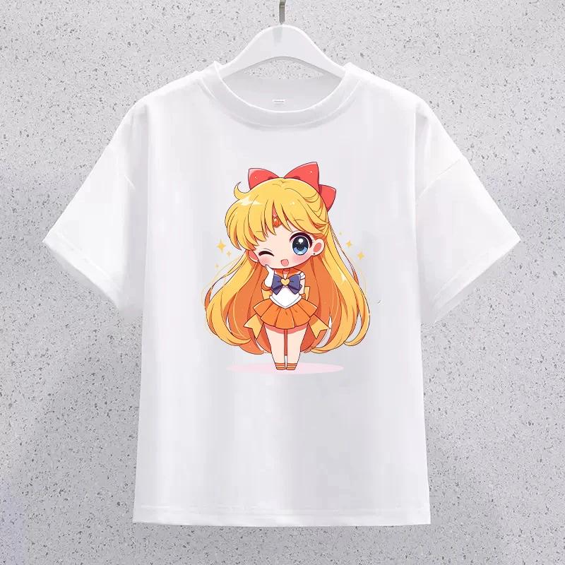 Sailor Moon Children Cotton Tshirt Cartoon Print Short Sleeve Tees Kawaii Pullover Girls Summer Casual Tops Kids Birthday Gifts