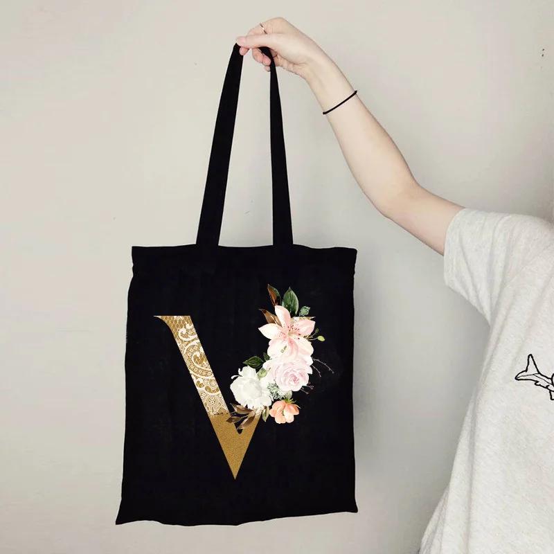 Gold Letter Flower Canvas Bag Women's Shopping Bag Reusable Large Capacity Portable Handbag Harajuku Student Shoulder Bag