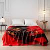 A dynamic figure with intense eyes on a vivid red background, bold text. for all seasons blanket lunch break throw gift