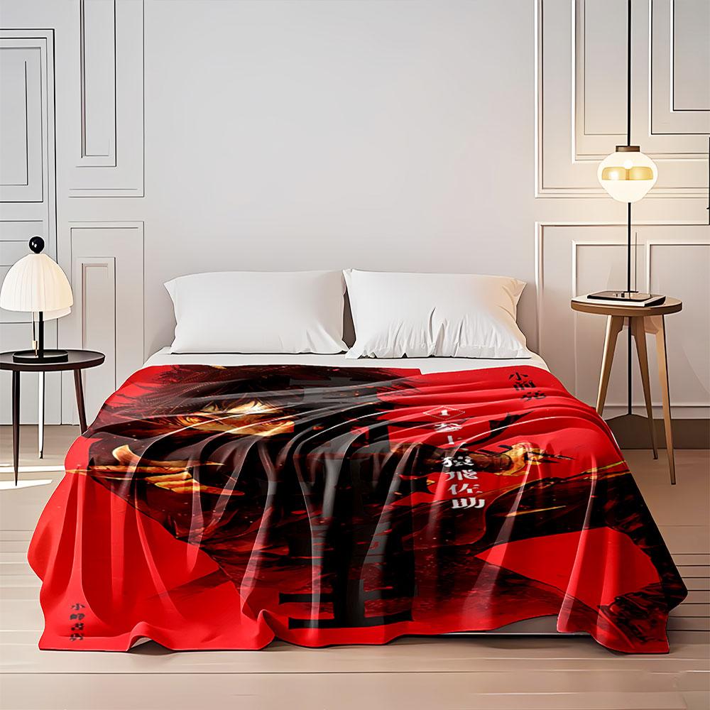 A dynamic figure with intense eyes on a vivid red background, bold text. for all seasons blanket lunch break throw gift