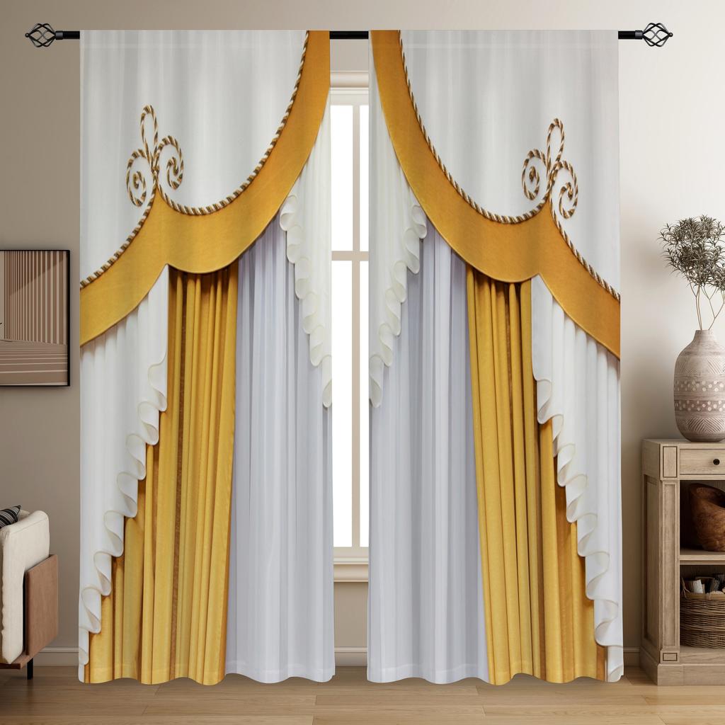 2pcs European Style Retro 3D Printed Translucent Curtains Multi-scene Polyester Rod Pocket Decorative Curtains For Living Room
