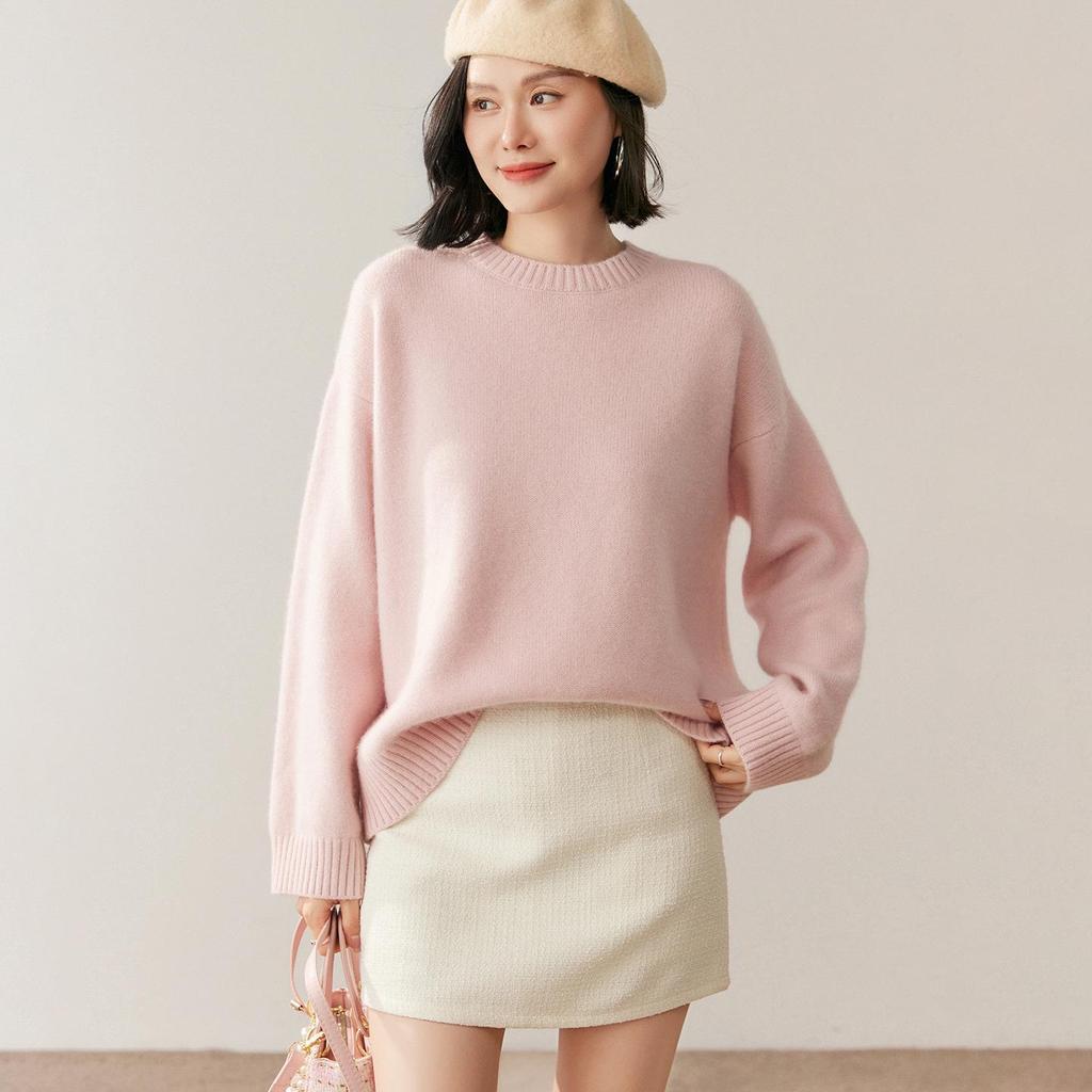 Women's Cashmere Knit Sweater: 2026 Autumn/Winter, Round Neck, Solid Color, Thickened Warm, Lazy Style.