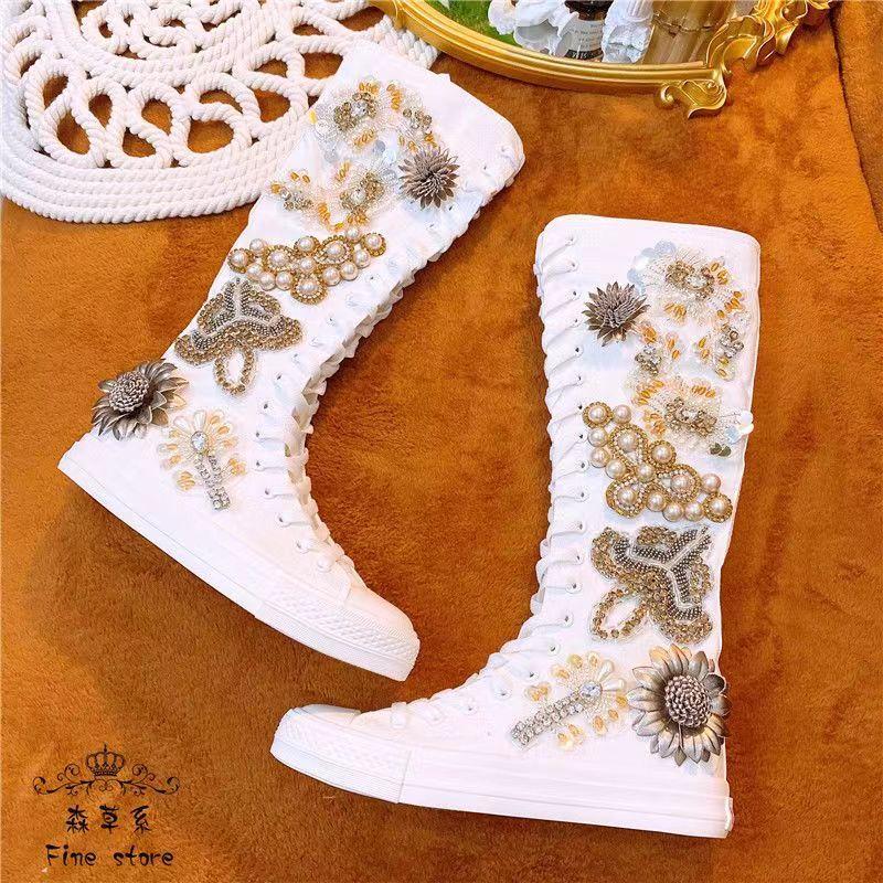 Luxurious Knee High Cut Canvas Shoes Women Lace-up Mid Calf Boots Flat Heel Female Casual Shoes High-top Boots Flats Canvas Shoe