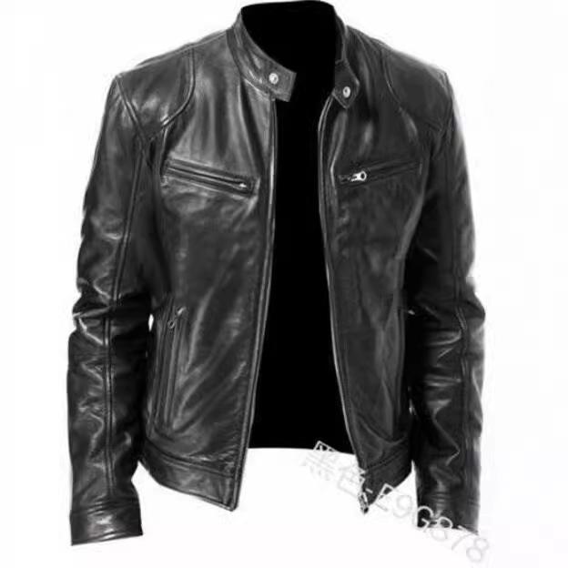 Spot Winter Business Gentleman Warm Zip Cardigan Pocket Decorative PU Leather Jacket Stand Neck Slim Leather Jacket