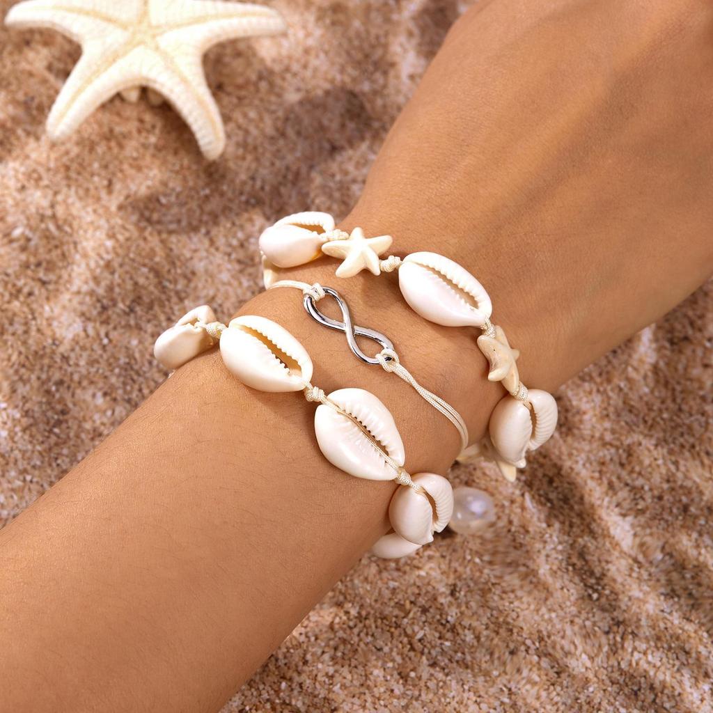 Bohemian Starfish Shell Bracelet Set: Soft Ceramic and Rice Bead Design for Women