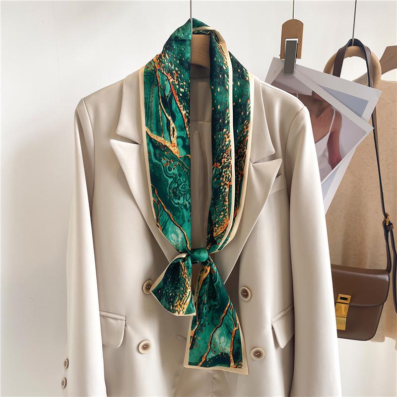 Tassel-decorated suit necktie belt small strip headband silk scarf women's double-sided printed narrow thin scarf