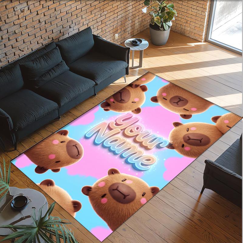Teddy Bear Theme Crystal Velvet Rug Personalized Custom Name Text Soft Floor Mat Home Decor