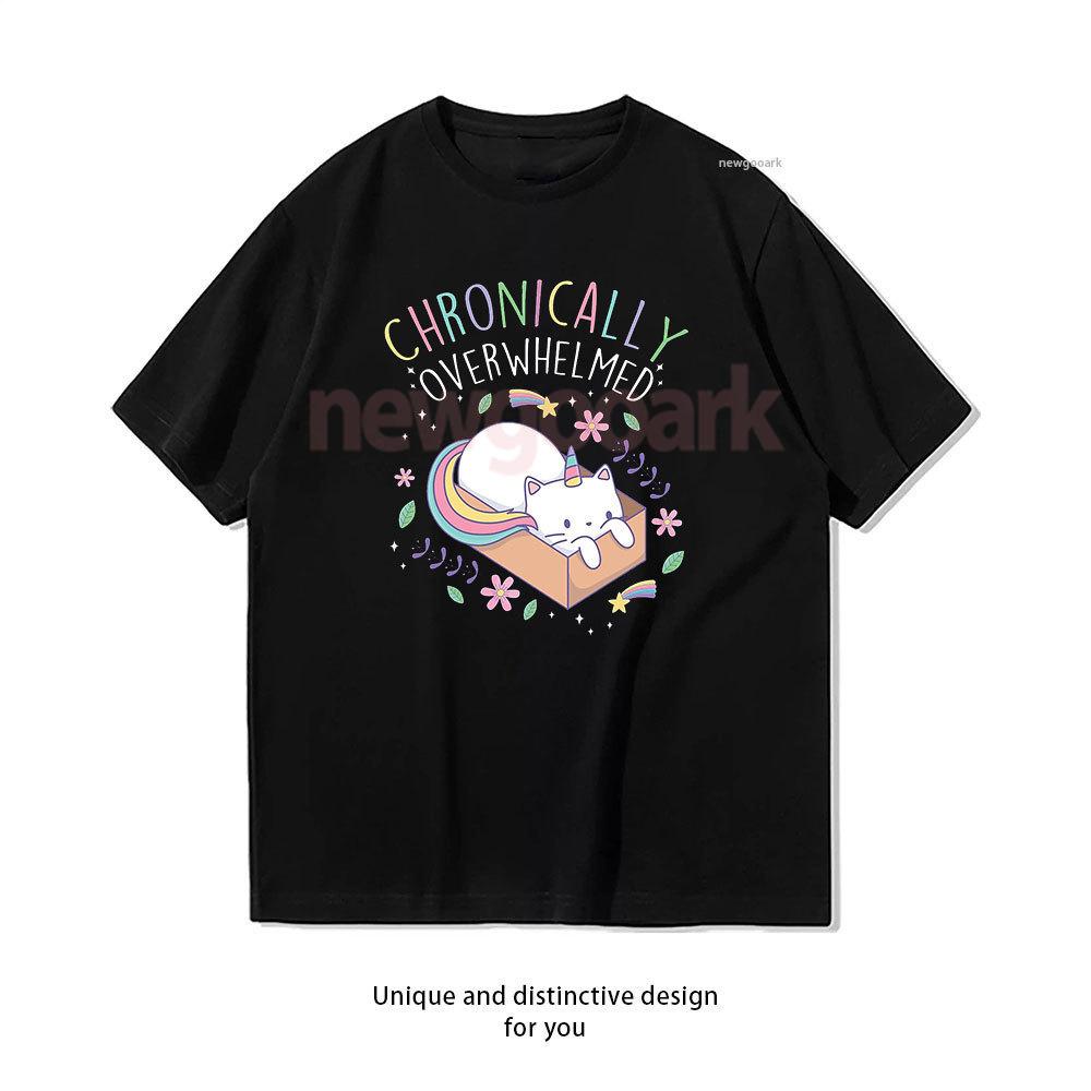 Chronically Overwhelmed ADHD Autism Caticorn TShirt Woman Man Casual Cotton Graphic T Shirts Creative Streetwear Tops Tee