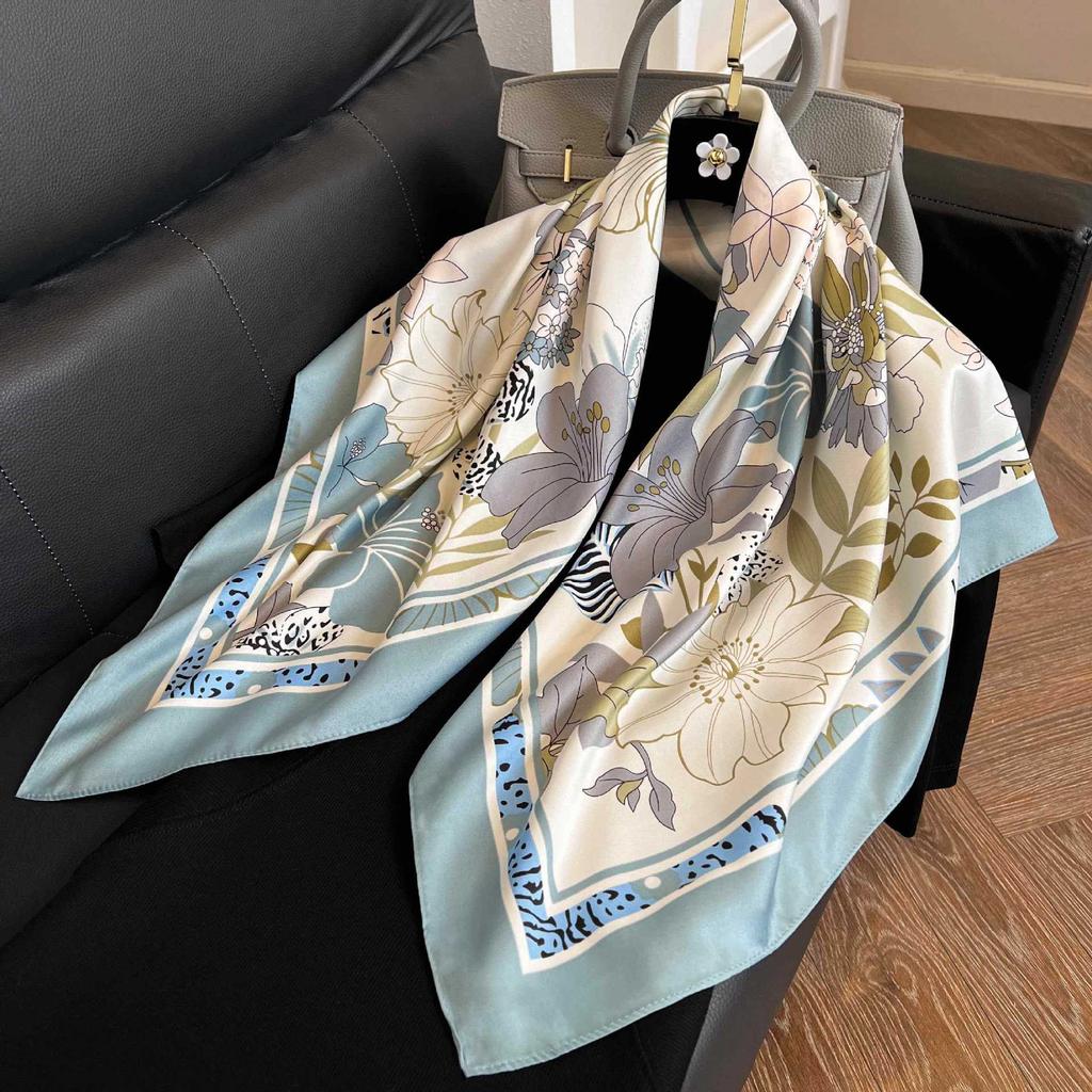 Color block silk scarf Korean version printing color matching scarf twill silk large square scarf 91x91cm shawl sunscreen travel headscarf