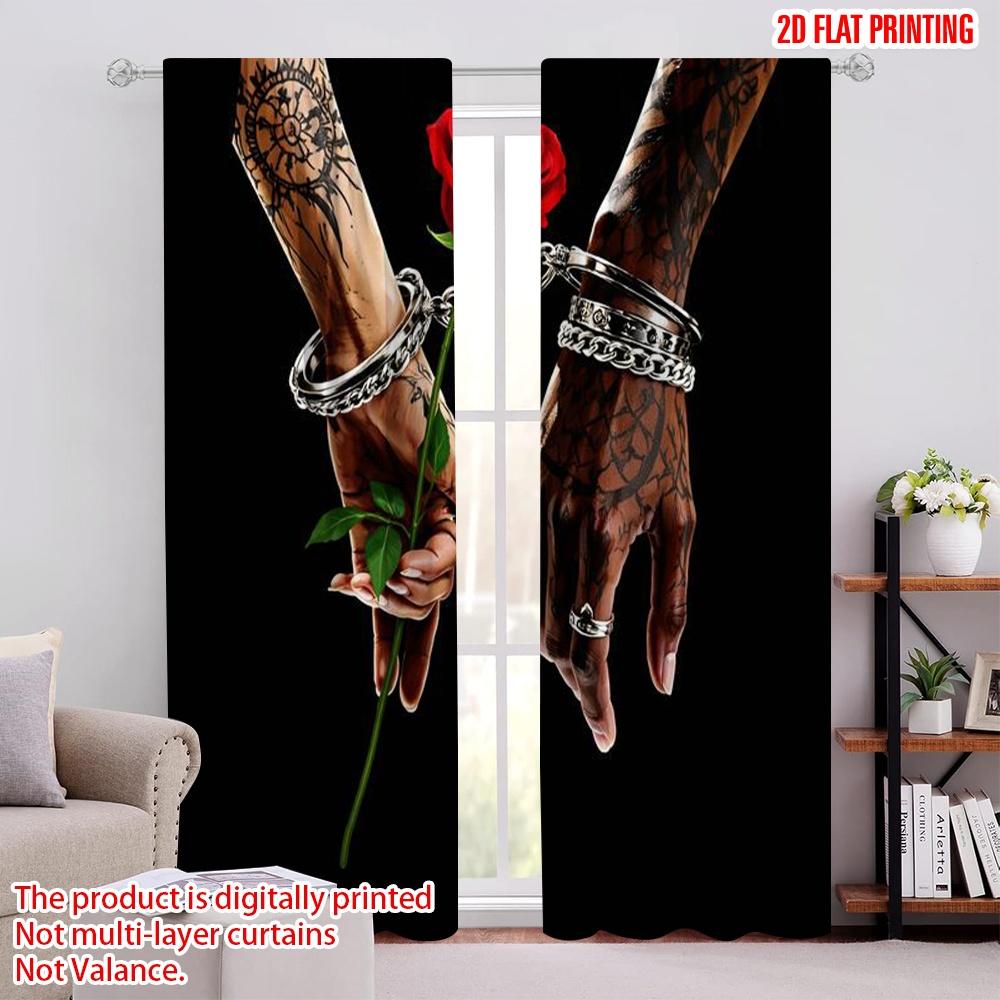 2D flat printing 2pcs Curtain Curtain Tattooed Hands Holding Rose Digital Printed Polyester Drapes Family Party Perfect for All