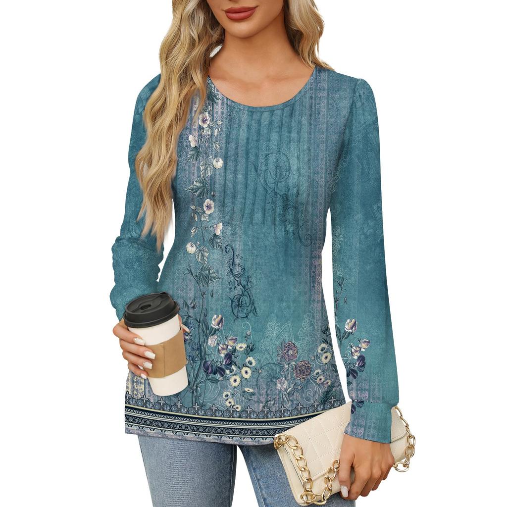 Женская повседневная плиссированная футболка с круглым вырезом и длинными рукавами с принтом