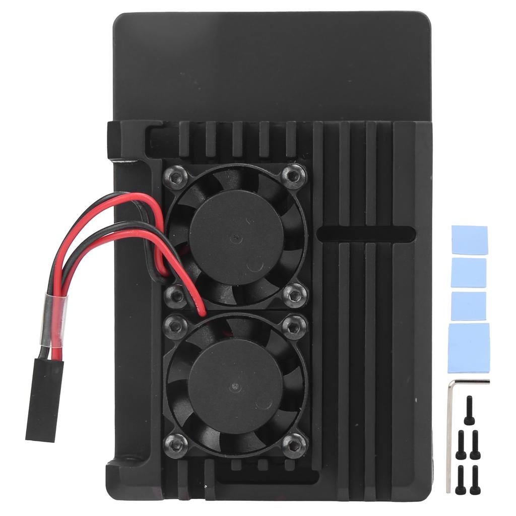 For Raspberry Pi 4B Shell Black Aluminum Alloy Case 85x56.5x20mm with Thermal Tape Dual Fans