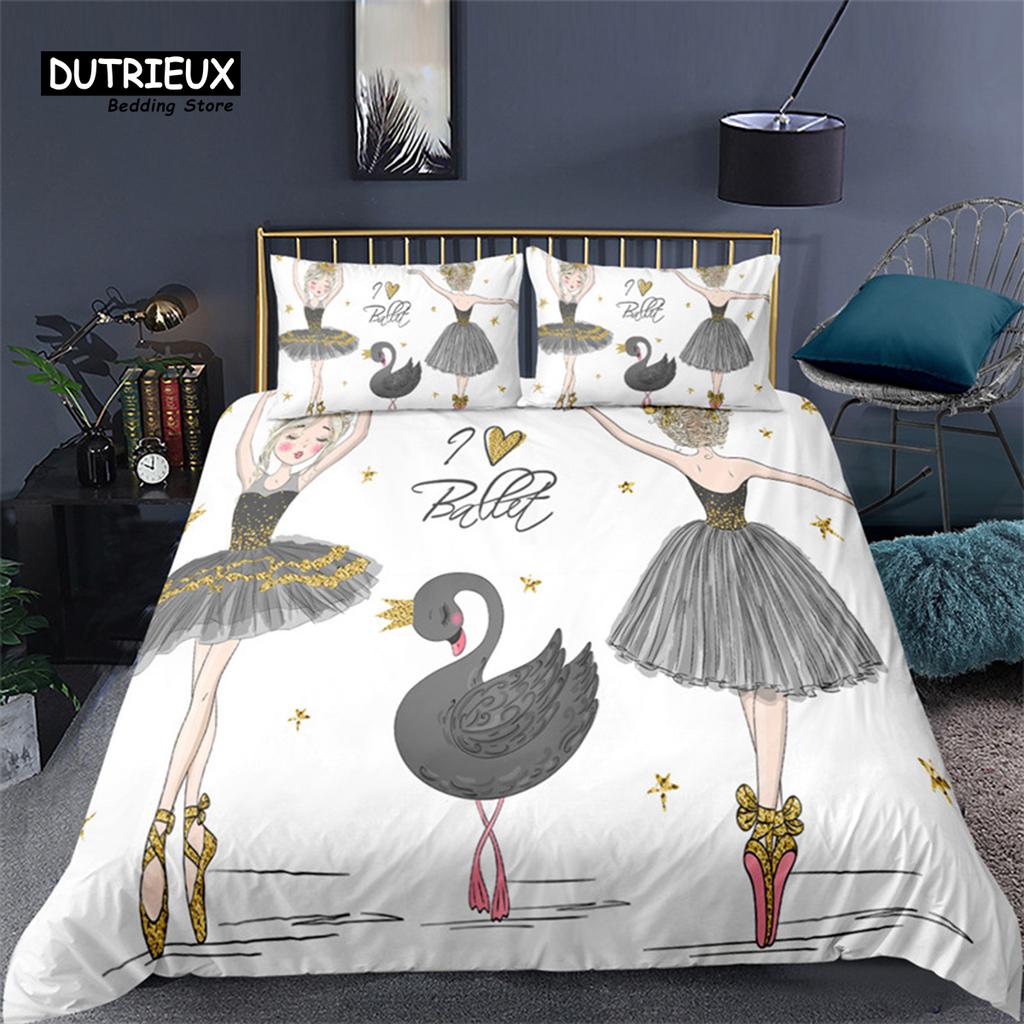 Cartoon Ballet Girl Toddler Bedding Set For Kids Teen Girls Microfiber Modern Swan Cat Unicorn Print Duvet Cover Bedroom Decor