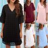 Women's  Small Fresh Casual Solid Color Loose Straight Trumpet Short-sleeved Jacquard-chiffon Stitching V-neck Dress