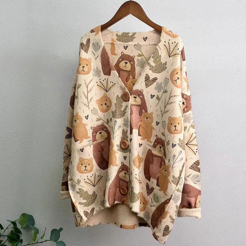 DIMANAF Новинка 2023 года, осенние свитера больших размеров, кардиган большого размера, женские свитера с цветочным принтом и мультяшным принтом, вязаный свободный свитер