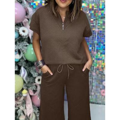 Женская мода повседневная летняя весна однотонный принт короткий рукав V-образный вырез брюки брюки костюмы