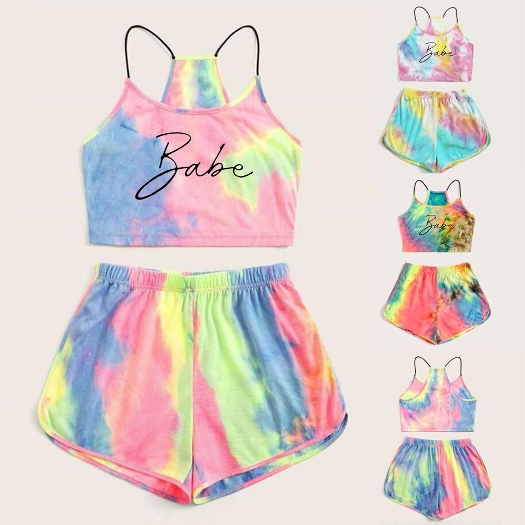 Womens Sleeveless Strappy Short Tie-dye Print Cami Belt Top And Pants Suit