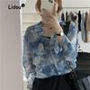 Printing Ink Tie Dye Pocket Single-breasted Blouse Women New Classic Long Sleeve Polo Collar Temperament Office Autumn Shirt