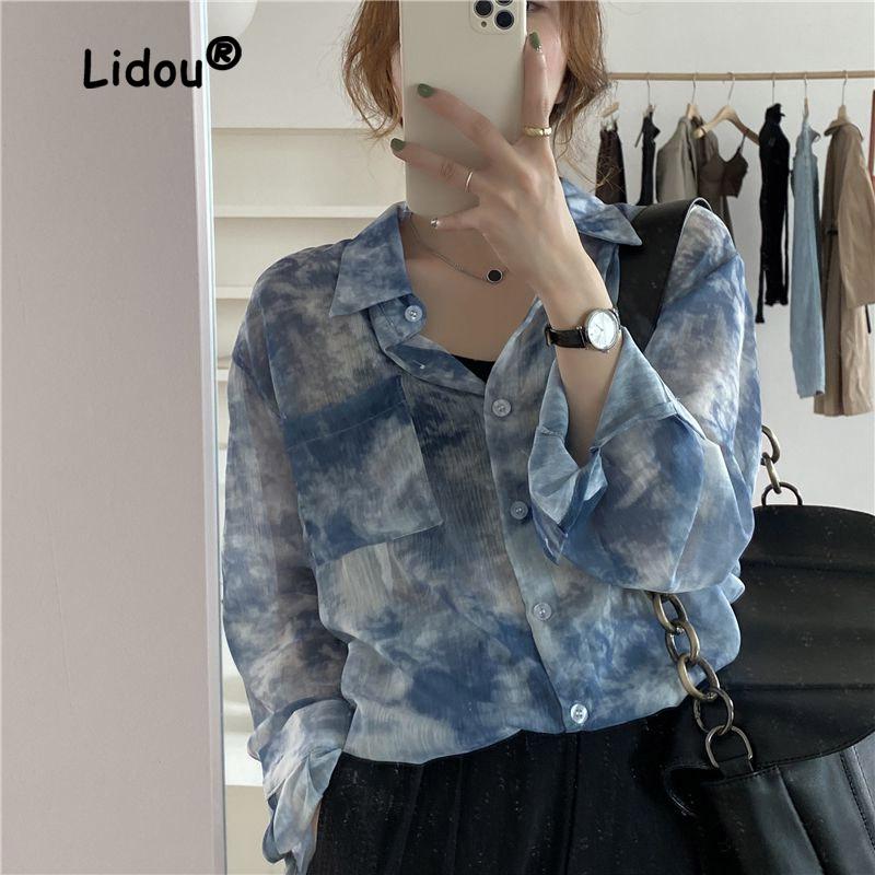Printing Ink Tie Dye Pocket Single-breasted Blouse Women New Classic Long Sleeve Polo Collar Temperament Office Autumn Shirt