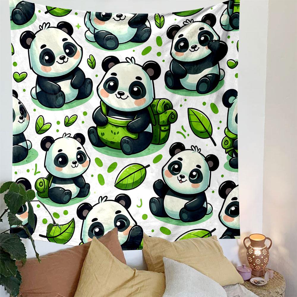Cute Pandas with Green Leaves Pattern Patterned Tapestry Decorative Wall Hanging, Home Bedroom Living Room Decor