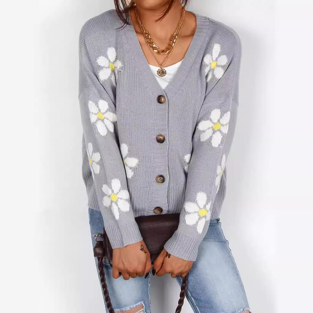 Autumn new sweater for women, European and American loose collegiate floral button knit cardigan for women