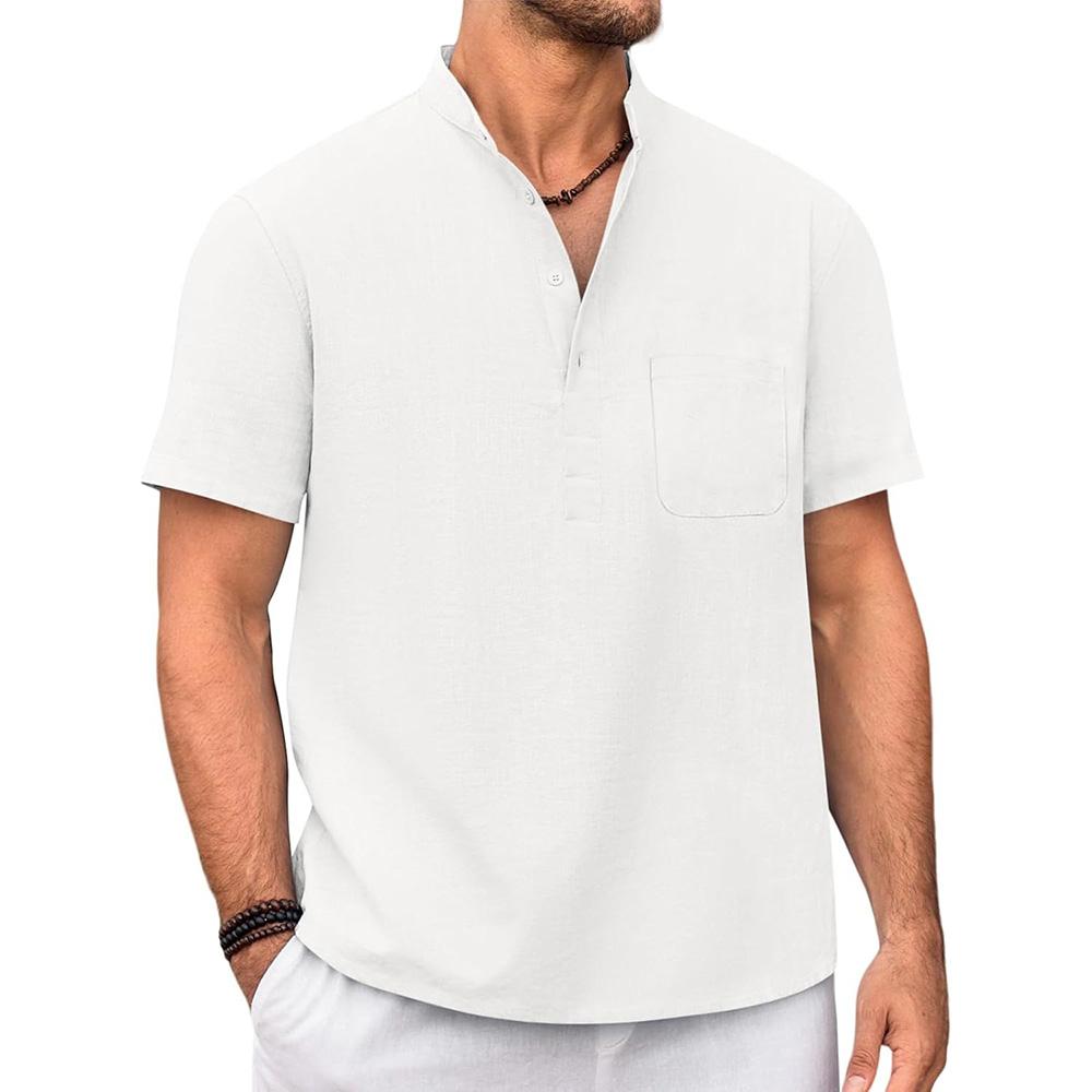 Мужская футболка из хлопка и льна, хенли, повседневная, однотонная, с коротким рукавом, легкая, дышащая, для отпуска, пляжного стиля
