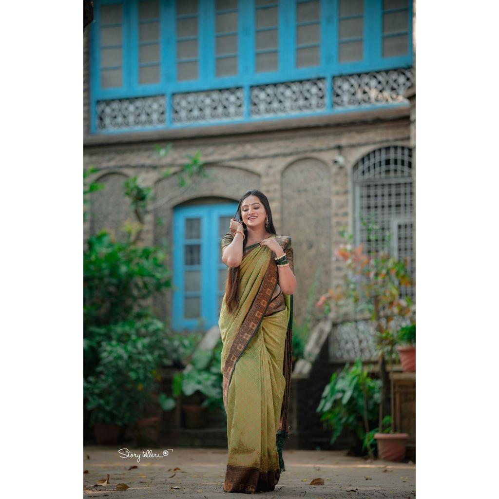 Это красивое сари элегантно украшено великолепным жаккардовым плетением, которое придает образу идеальный вид.