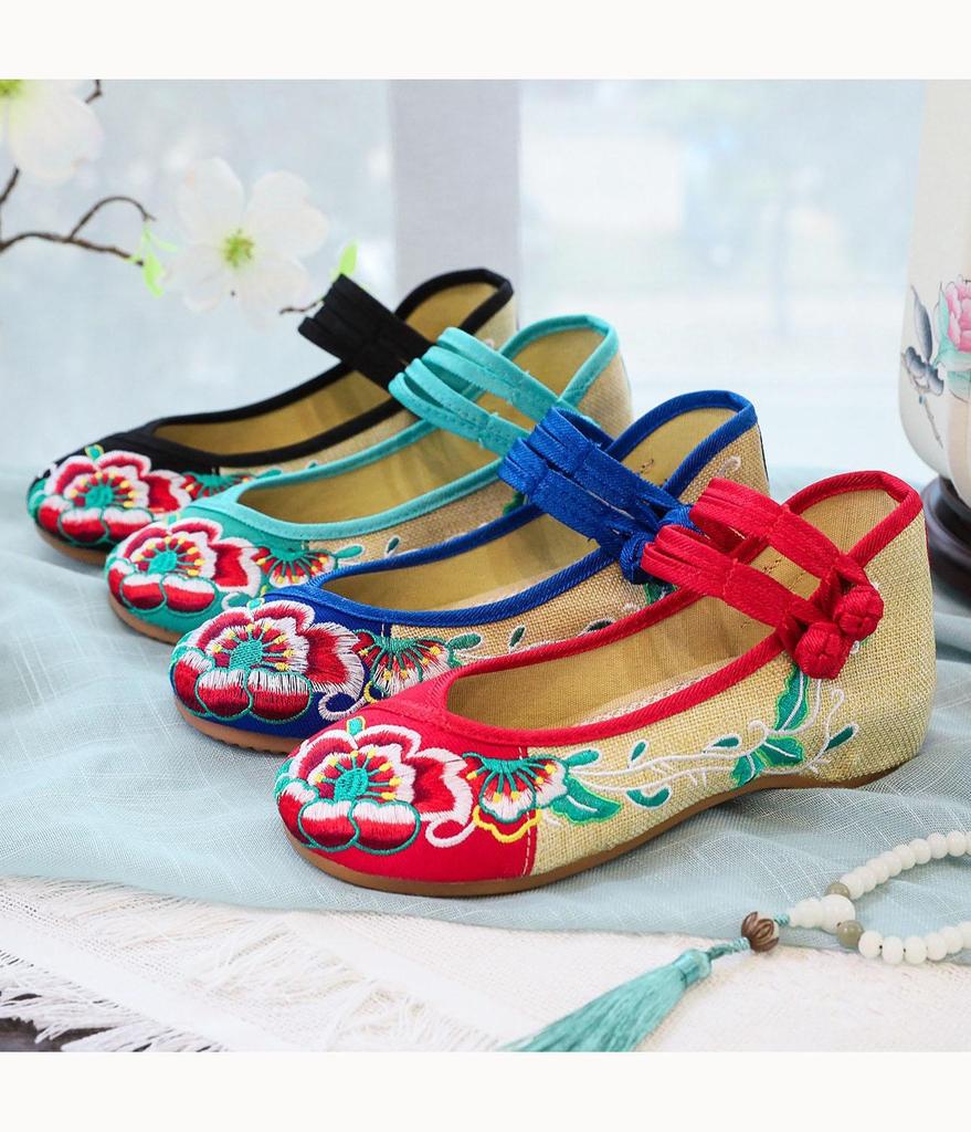 Chinese Embroidered Hibiscus Flowers Cloth Shoes Women's Shoes and Linen Tendon Soles