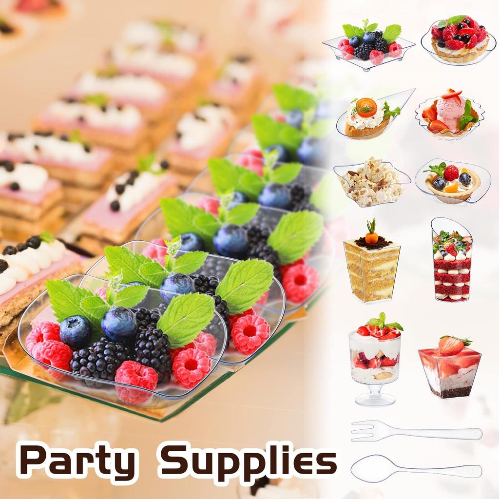 450 шт. Прозрачные Тарелки Десертные Чашки Набор Ложек и Вилок Пластиковые Чашки для Мороженого Разной Формы Одноразовая Посуда Аксессуары для Вечеринок и Обедов