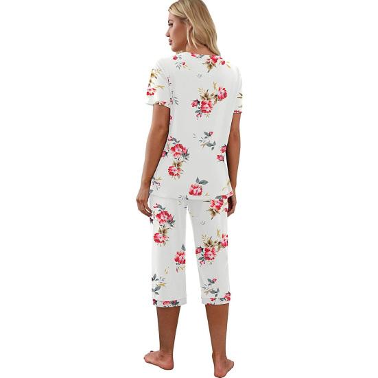 Women's Two Piece Pajamas Set V Neck Short Sleeve Top And Wide Leg Capris Pants Loose Lounge Set with Pockets
