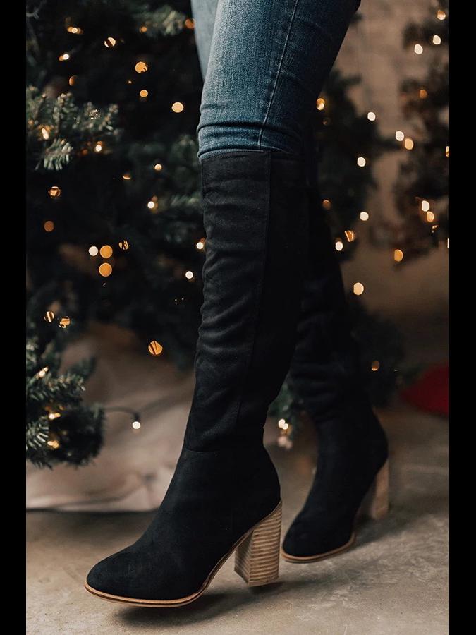 Женские замшевые толстые каблуки с заостренным носком и боковой молнией, однотонные модные рыцарские сапоги