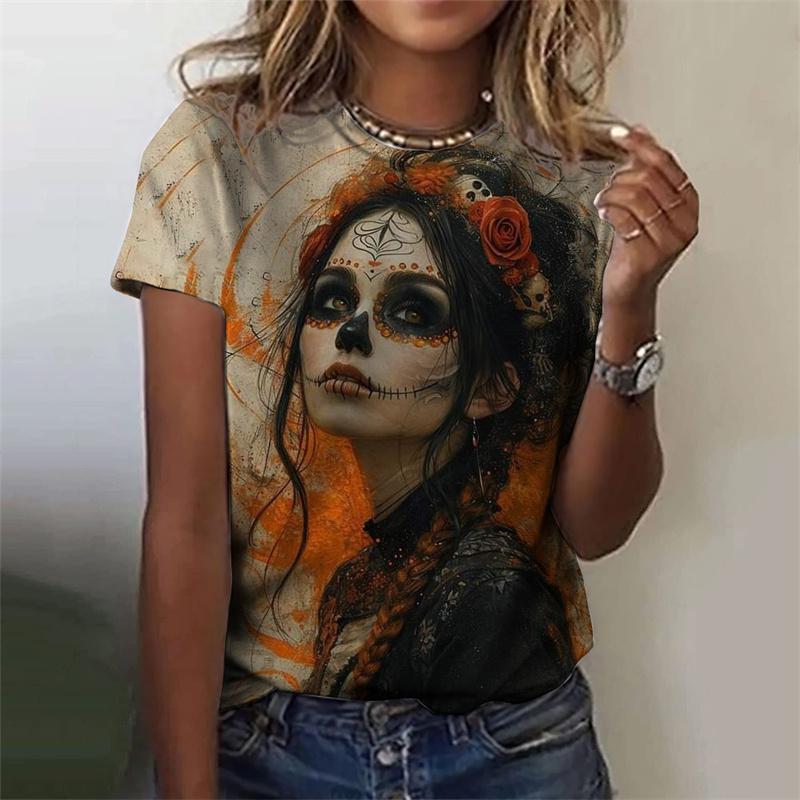 Футболка с рисунком черепа ужасов нежити для женщин, футболки с 3D-принтом для таинственной девушки, летние свободные топы с круглым вырезом, футболки с коротким рукавом