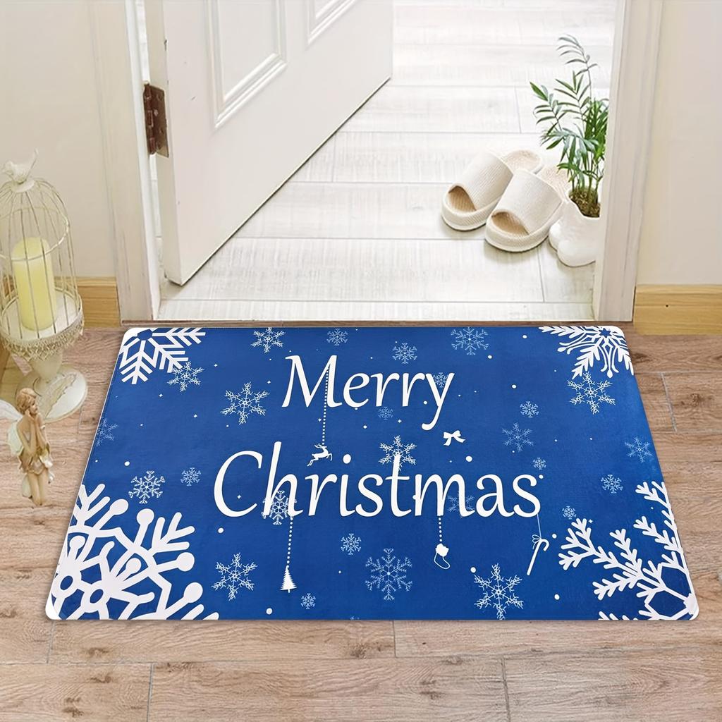 1pc Blue Snowflake Pattern Door Mat, Fleece Material, Machine Washable Comfortable Carpet, Suitable for Bedroom, Balcony, Living Room, Kitchen, Laundr