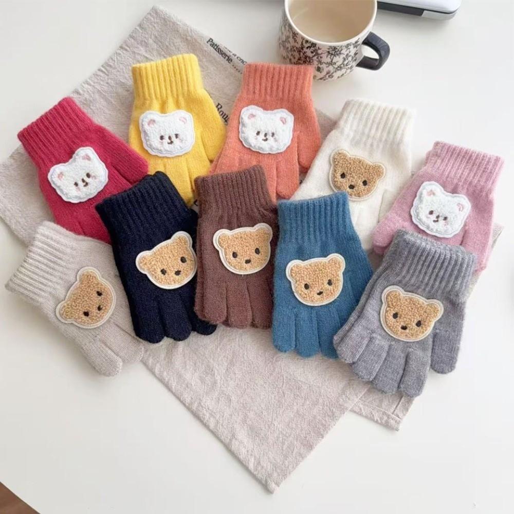 Full Finger Design Kids Winter Gloves Knitted Material Cartoon Bear Gloves For Girls