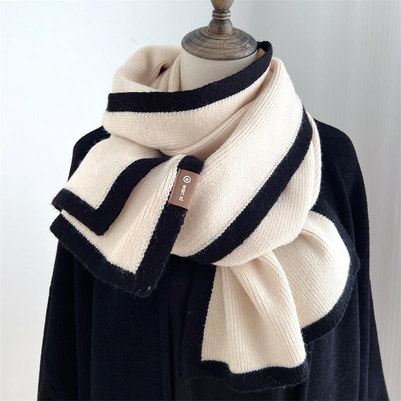 Шарф в черно-белую расцветку Зимний стиль Высококачественный Border Knitted Wool Нишевый дизайн Универсальный Для мальчиков и девочек